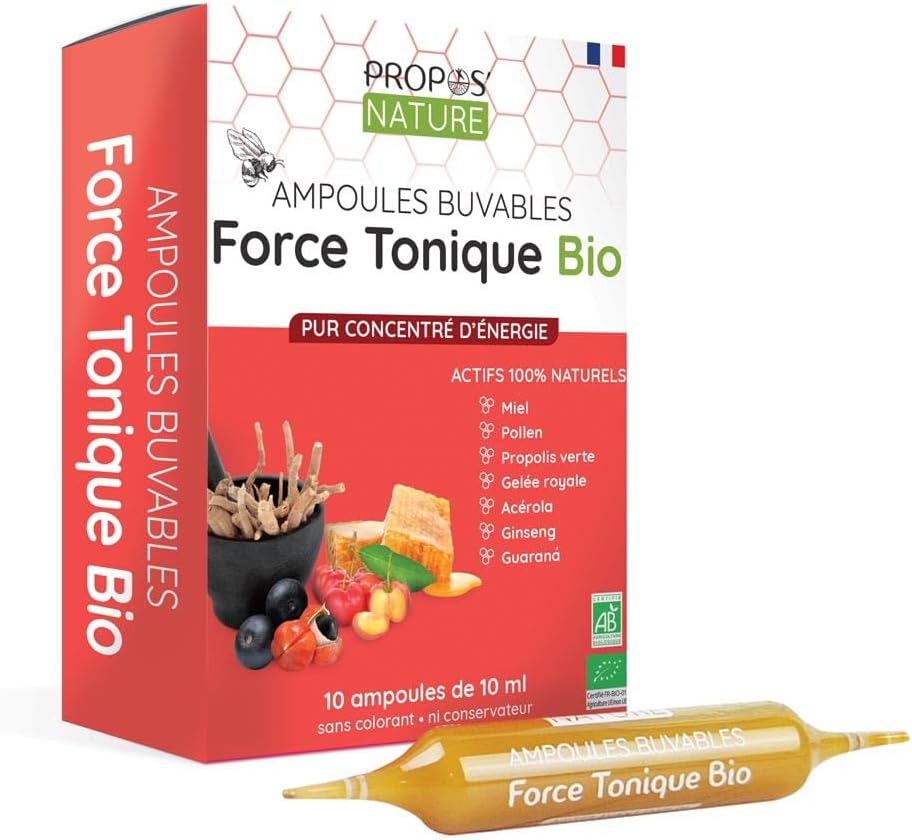 Force Tonique - 7 actifs énergisants - Guarana, Ginseng, Acérola, Miel, Gelée Royale, Pollen, Propolis - 10 ampoules de 10 ml - Fabrication fançaise - Certifié Bio - PROPOS'NATURE