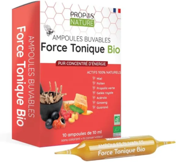 Force Tonique - 7 actifs énergisants - Guarana, Ginseng, Acérola, Miel, Gelée Royale, Pollen, Propolis - 10 ampoules de 10 ml - Fabrication fançaise - Certifié Bio - PROPOS'NATURE