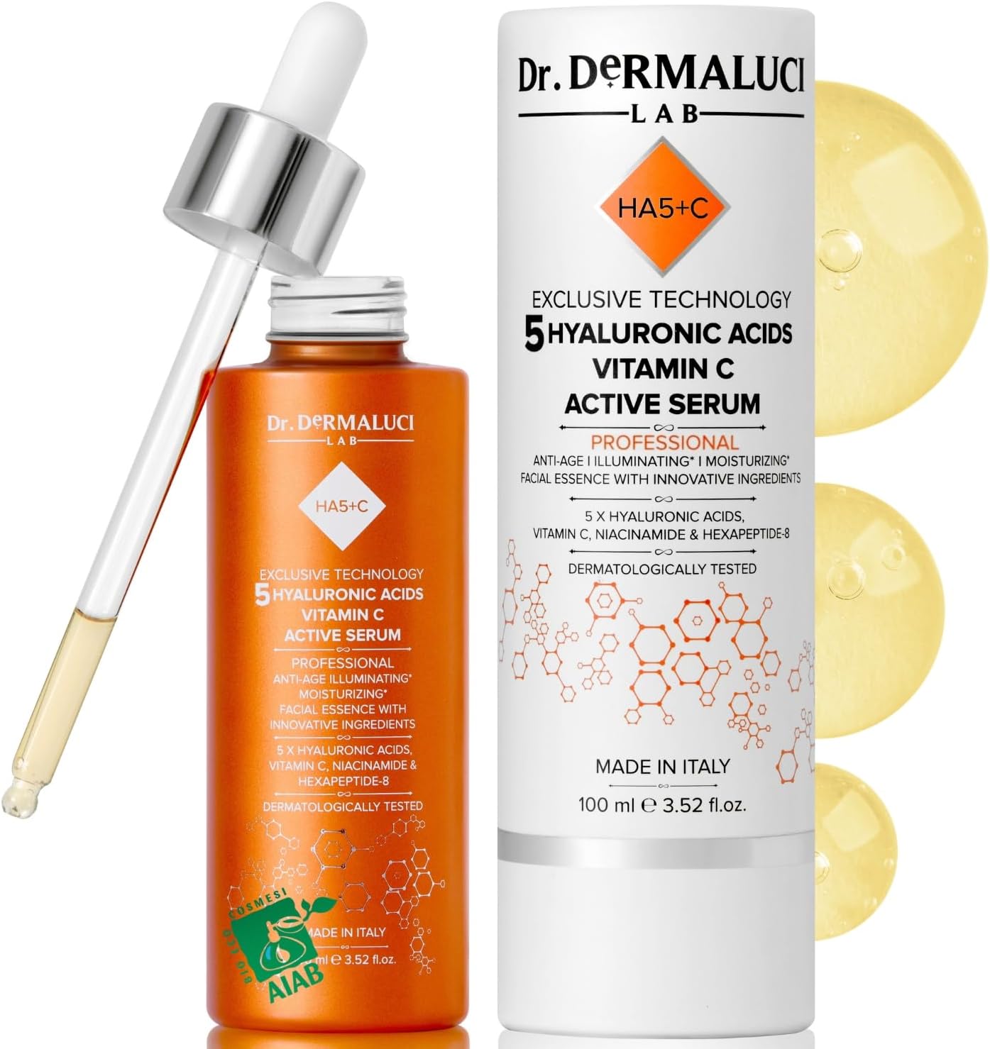 Serum Visage Anti-Age 5 Acides Hyaluroniques Vitamine C Niacinamide 100ML BIO -Hexapeptide Rose de Damas - Illuminateur Hydratant Lissant - Reduction des Pores Naturel - Tous Types de Peaux -Italie
