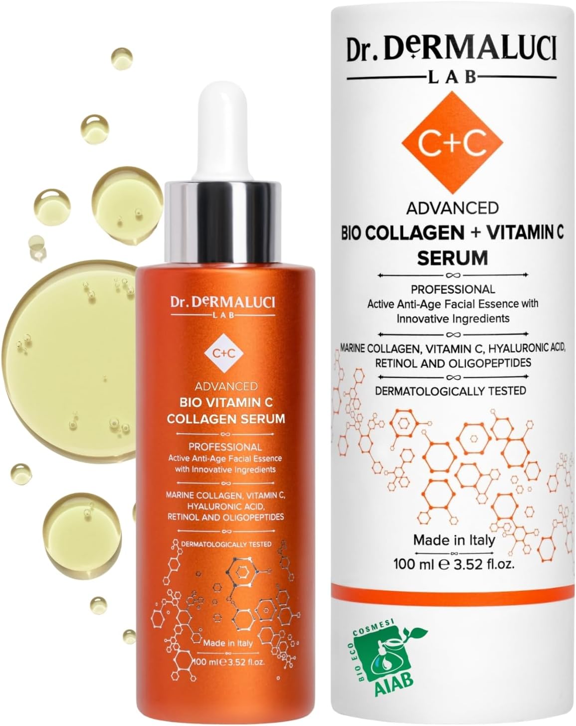 Serum Visage Vitamine C 100ml BIO - Anti age, Antioxydant, Illuminateur, Hydratant - Avec Collagene Marin, Retinol, Acide Hyaluronique et Peptides - Certifie AIAB, Teste au Nickel, Made in Italy