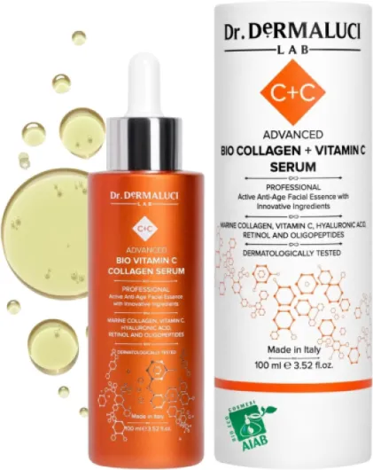 Serum Visage Vitamine C 100ml BIO - Anti age, Antioxydant, Illuminateur, Hydratant - Avec Collagene Marin, Retinol, Acide Hyaluronique et Peptides - Certifie AIAB, Teste au Nickel, Made in Italy