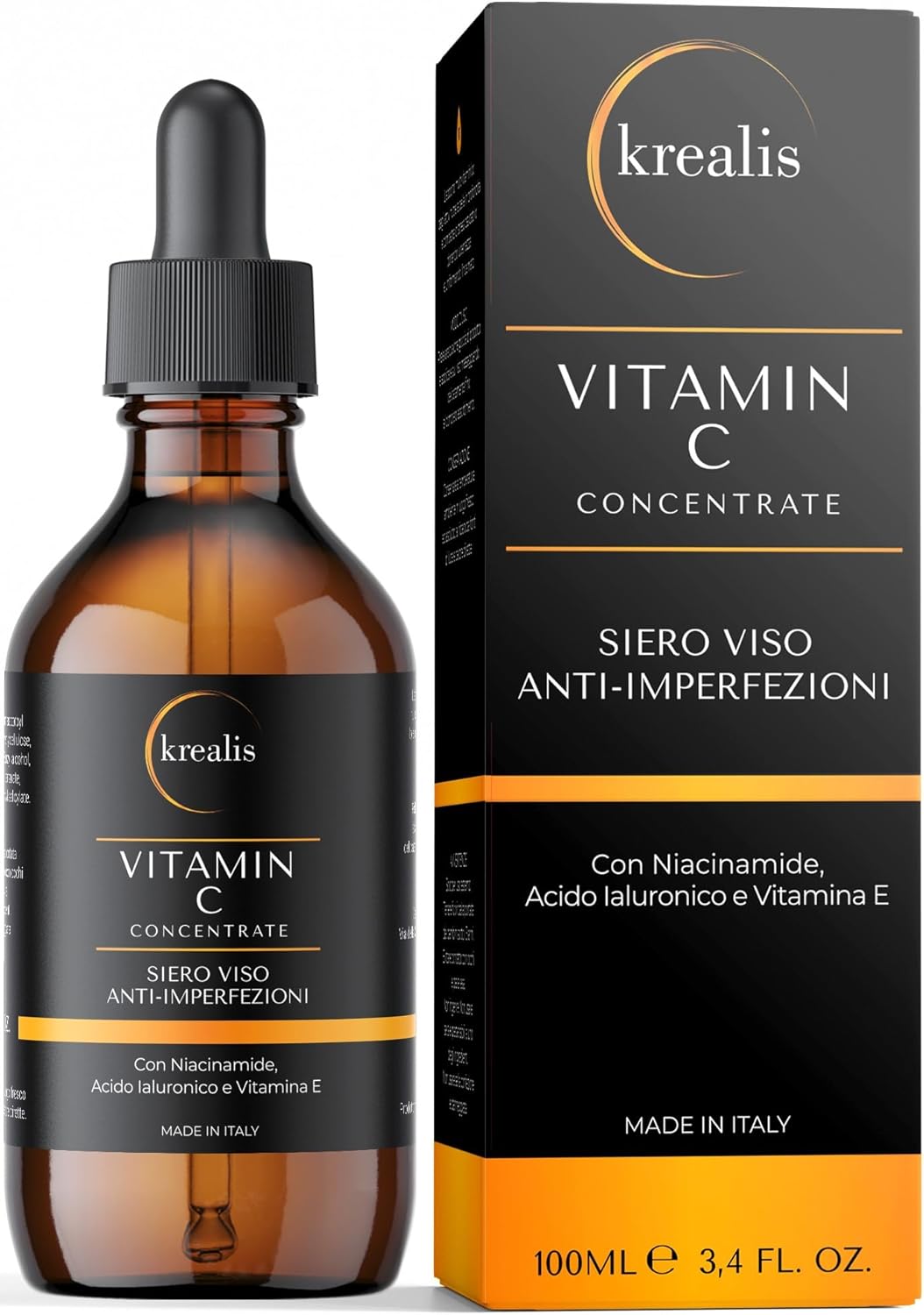 Krealis •100ml• Vitamine C Serum Visage avec Acide Hyaluronique, Niacinamide, Vitamine E, Serum Visage, Anti-Taches, Anti-Imperfections, Serum Vitamine C, Contour Des Yeux Anti-Rides et Anti-Cernes
