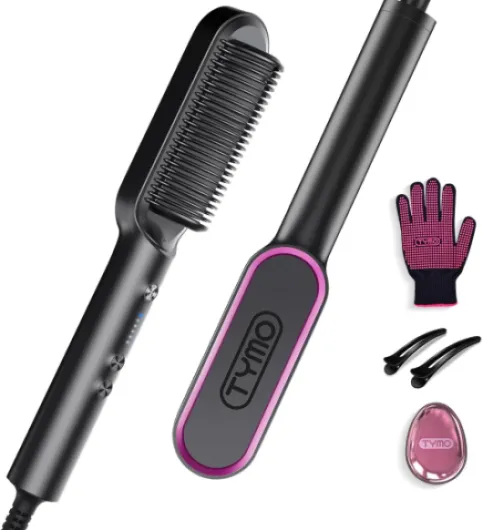 TYMO Brosse Lissante pour Cheveux, Fer à Lisser Peigne Chauffant Avec 25s PTC Chauffage, 5 RéGlages De TempéRature, Lisseur Cheveux Céramique, Anti-BrûLure, Brosse Chauffante TYMO RING Noir