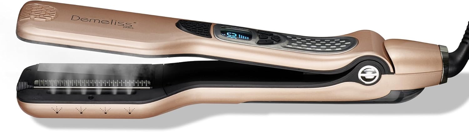 SAINT ALGUE Lisseur Vapeur TITANIUM - Plaques Titane - Vapeur Ultra Puissante - Réservoir XL 40ml Intégré - Peigne Amovible - Lissage Tous Types de Cheveux - 5 Températures - Professionnel Doré