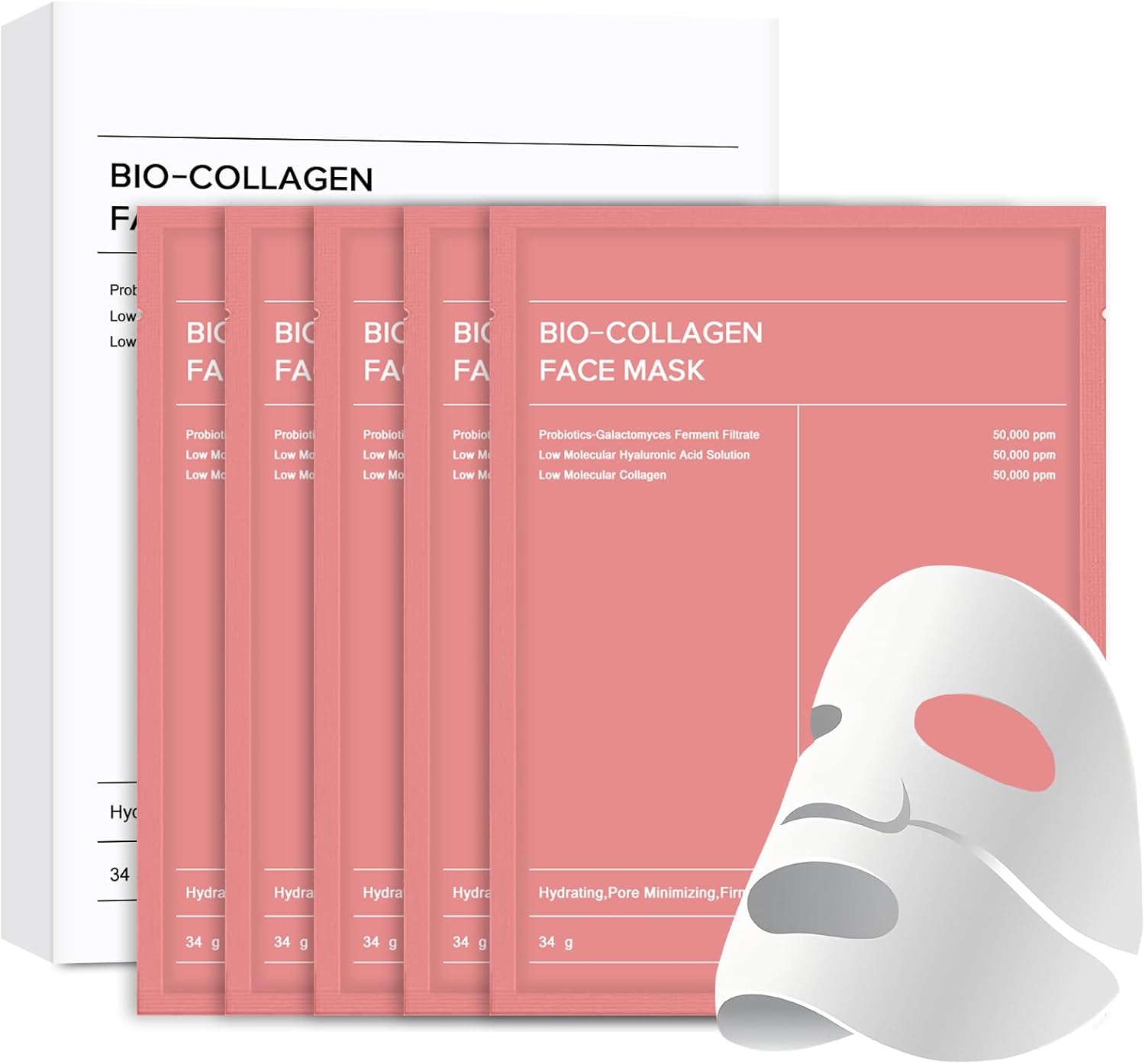 Masque Collagene Visage, 5 Pièces Bio Collagen Face Mask, Hydratant Anti-âge, Resserre les Pores, Améliore L'élasticité de la Peau, Masque Collagène pour Tous Types de Peau