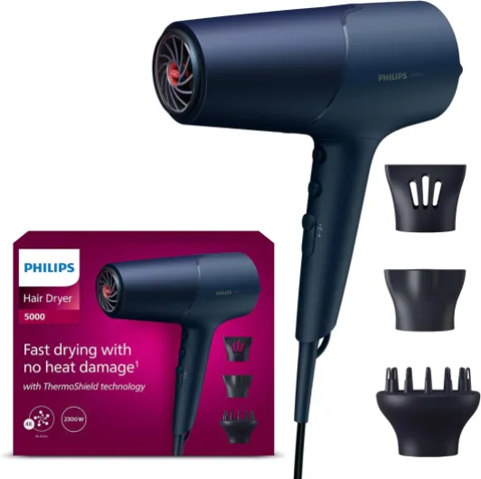 5000 Series - sèche-cheveux, technologie ThermoShield, ionique, 2 300 W, bleu métallique, avec concentrateur de 9 mm et 11 mm, diffuseur de volume, BHD510/20 [NOUVEAU] 5000 Bleu Métallisé avec Buse de Coiffage, Diffuseur de Volume