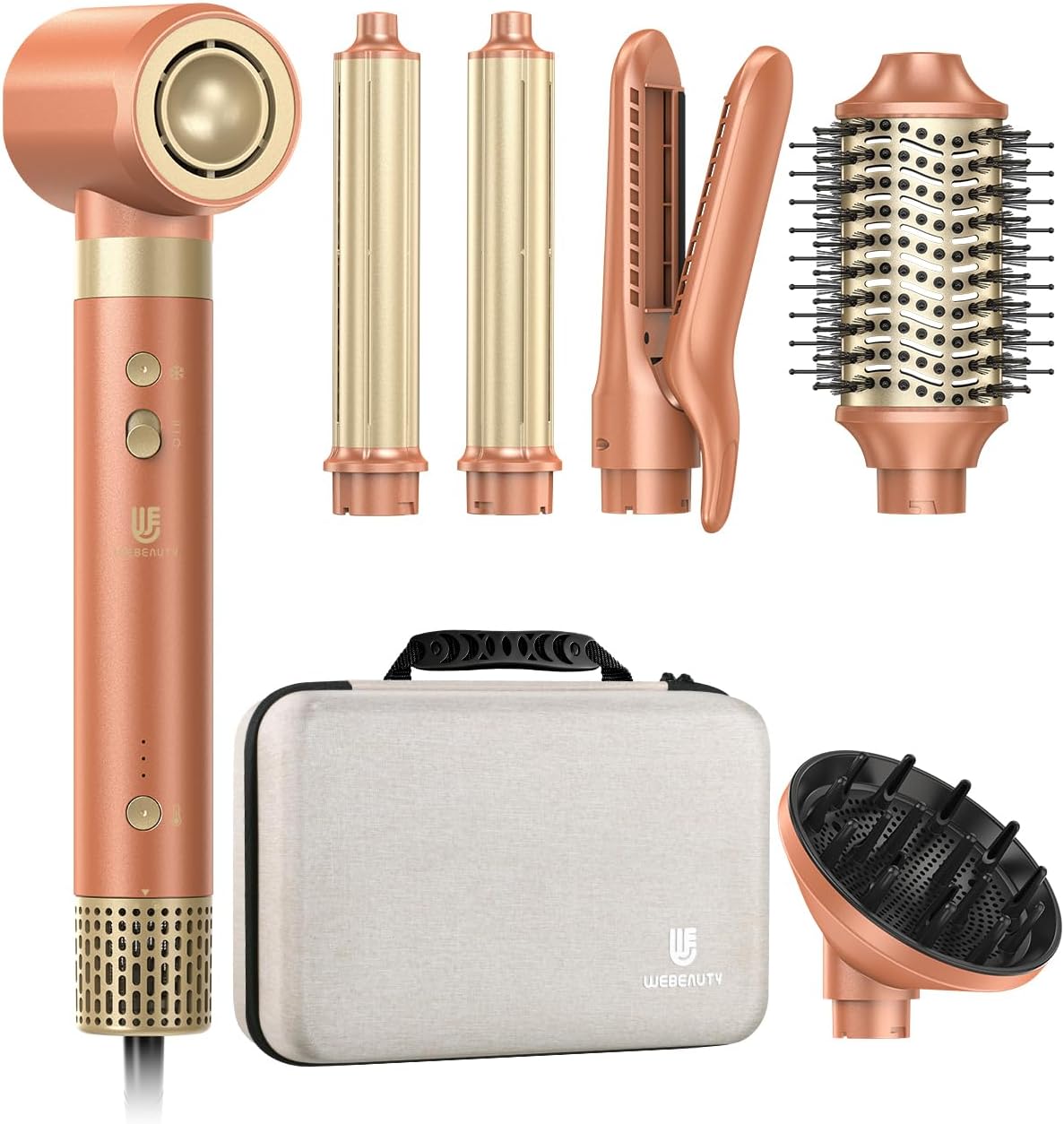 Webeauty Double Tension 7in1 Airstyler Nouvelle Mise à Jour,110,000TR/Min,30M/S,1400W Sèche Cheveux avec Brosse Soufflante,Lisseur à Air,Diffuseur,Boucleur Automatique,500 Millions d'ions Négatifs Moka-100-240v