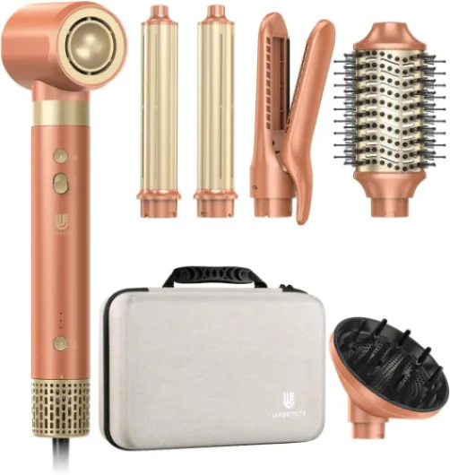 Webeauty Double Tension 7in1 Airstyler Nouvelle Mise à Jour,110,000TR/Min,30M/S,1400W Sèche Cheveux avec Brosse Soufflante,Lisseur à Air,Diffuseur,Boucleur Automatique,500 Millions d'ions Négatifs Moka-100-240v