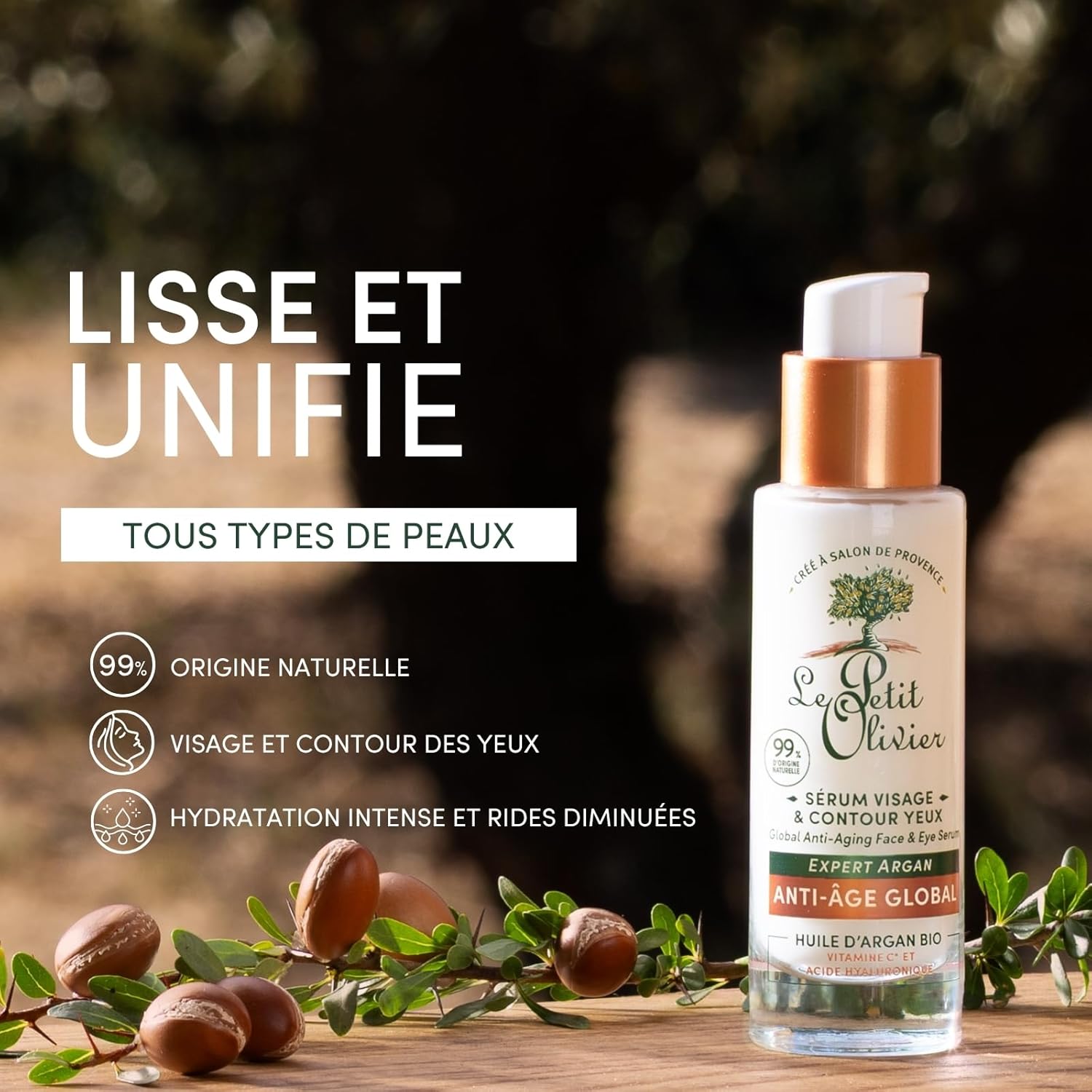 Sérum Visage & Contour des Yeux Anti-Âge - Huile d'Argan, Vitamine C & Acide Hyaluronique- Lisse & Unifie- Tous Types De Peaux - 99% D'Origine Naturelle - Fabriqué en France - 30 ml 30 ml (Lot de 1)