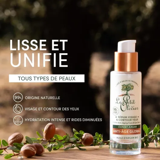 Sérum Visage & Contour des Yeux Anti-Âge - Huile d'Argan, Vitamine C & Acide Hyaluronique- Lisse & Unifie- Tous Types De Peaux - 99% D'Origine Naturelle - Fabriqué en France - 30 ml 30 ml (Lot de 1)