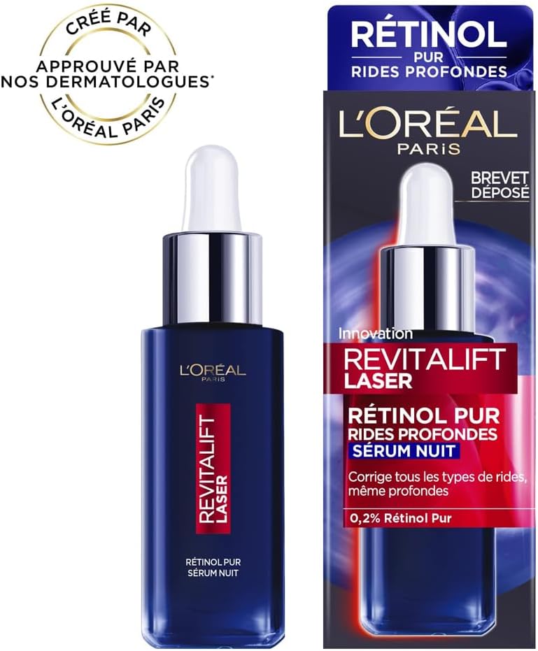 L'Oréal Paris - Sérum de Nuit Rétinol Anti-Rides - Soin Visage Anti-Âge Spécial Rides Profondes - Peau Raffermie & Souple - Tous Types de Peaux - Revitalift Laser - 30 ml 30 ml (Lot de 1)