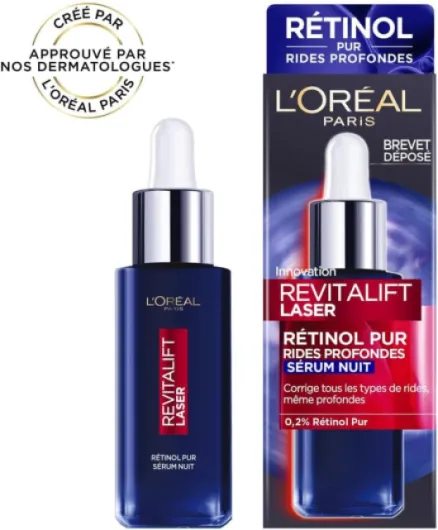 L'Oréal Paris - Sérum de Nuit Rétinol Anti-Rides - Soin Visage Anti-Âge Spécial Rides Profondes - Peau Raffermie & Souple - Tous Types de Peaux - Revitalift Laser - 30 ml 30 ml (Lot de 1)