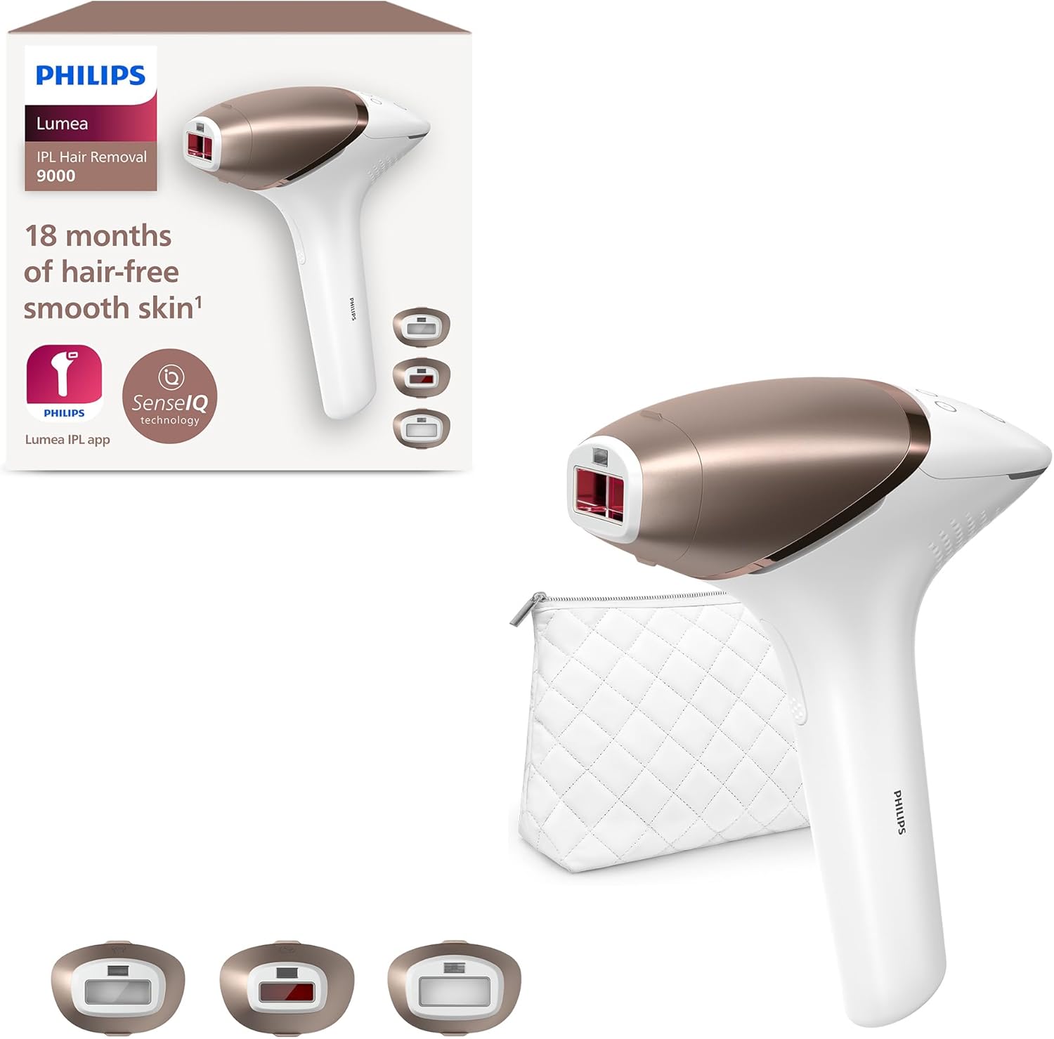 Lumea série 9000, Épilateur à lumière pulsée, alternative à l'épilation laser, technologie SenseIQ, 3 accessoires pour corps, visage et zones de précision, usage avec ou sans fil, BRI955/00