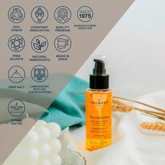 Válquer Sérum en or liquide avec huile d'argan Élixir de beauté pour les cheveux, de 100 ml