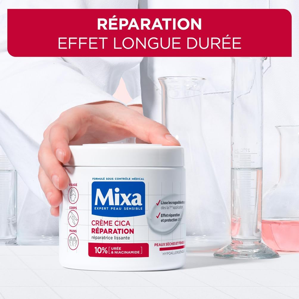 Mixa Expert Peau Sensible - Crème Cica Réparation - Réparation Effet Longue Durée - Peaux Très Sèches et Rugueuses - Visage, Corps, Mains - Hypoallergénique - 400ml Sans parfum 400 ml