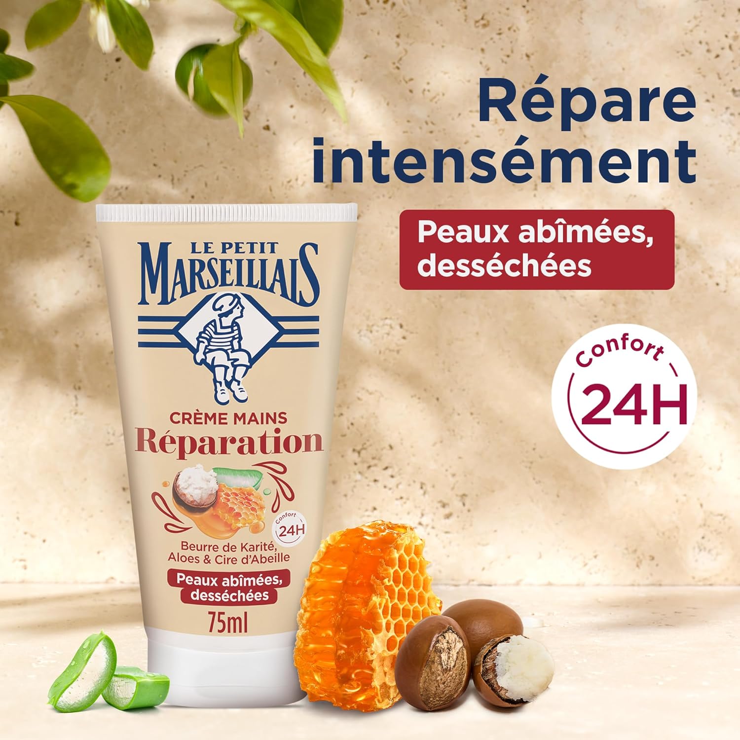 , Crème Mains Réparation Peaux Abîmées et Desséchées (tube de 75 ml) – Crème réparatrice au beurre de karité, aloès et cire d'abeille – Soin des mains confort 24 h