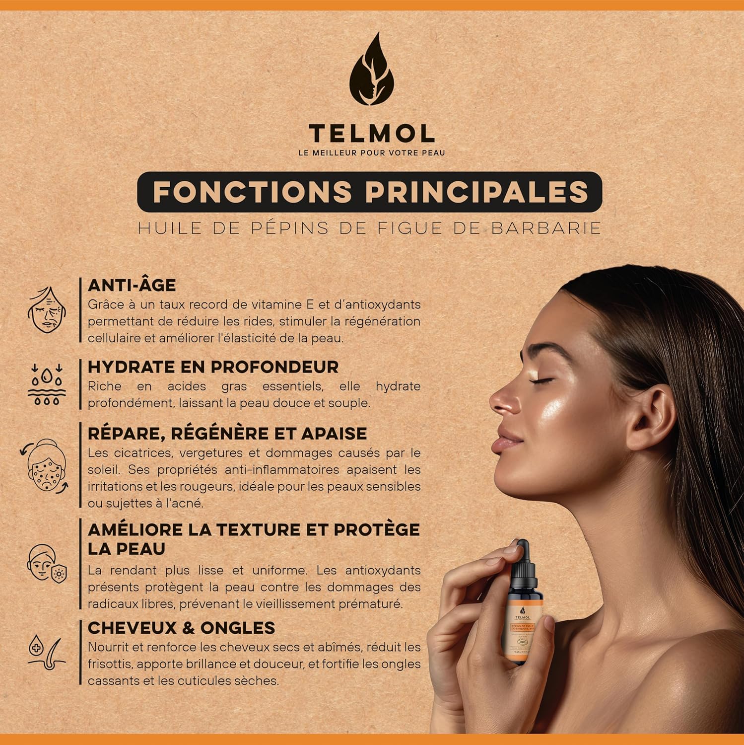 TELMOL Huile de Pépins de Figue de Barbarie Bio (30ml) — Flacon en verre violet biophotonique & Pipette — 100% Pure, Première Pression à Froid — Huile de Figue de Barbarie Bio Visage Anti-Âge 30 ml (Lot de 1)