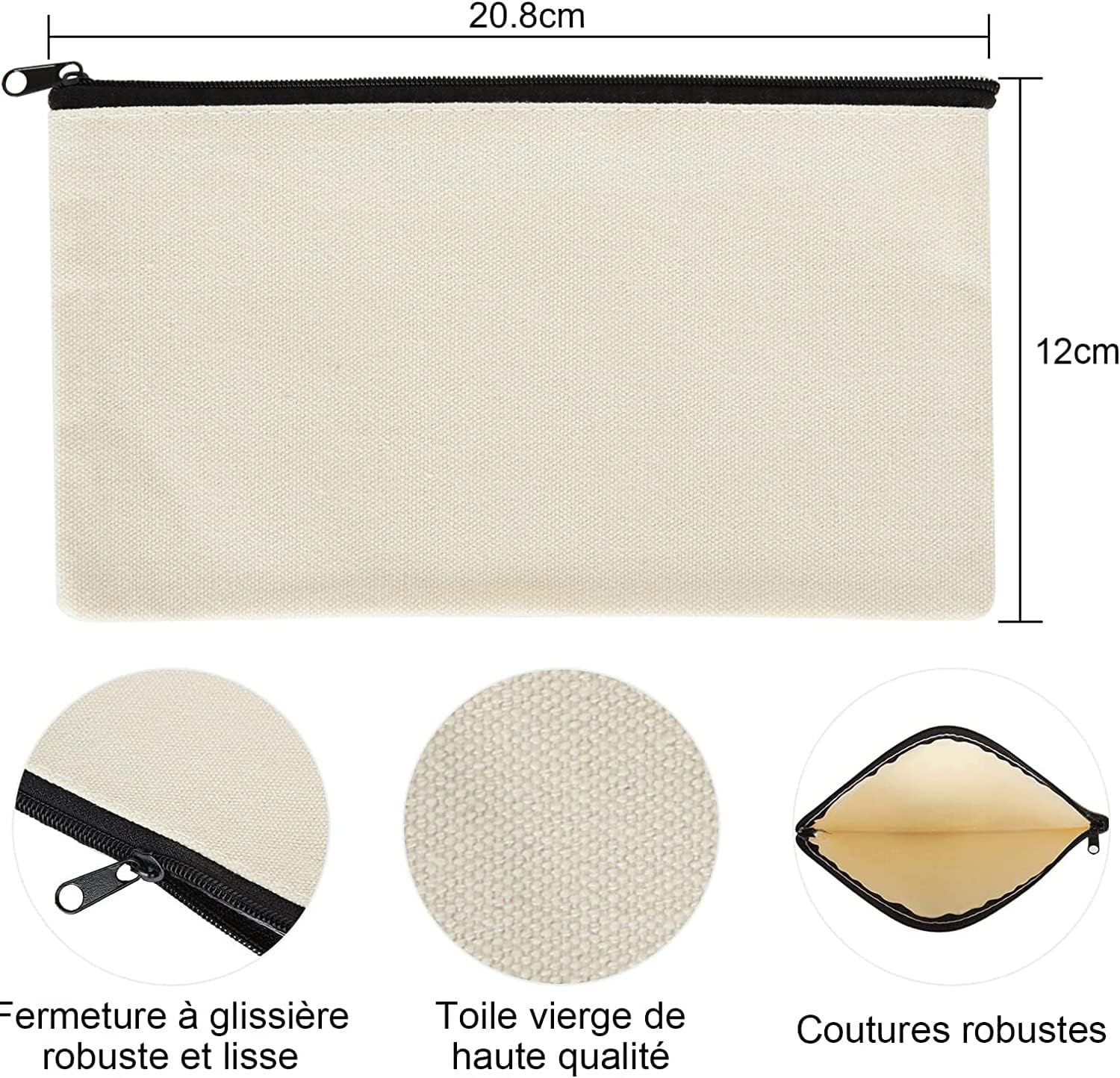 Lot de 30 Pochette Tissu Zippée Trousse Personnalisable, 12×21CM Trousse en Tissu de Rangement, Pochette Maquillage à Personnaliser, Trousses à Crayons Vierge pour DIY Blanc Cassé