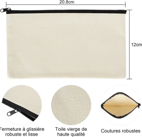 Lot de 30 Pochette Tissu Zippée Trousse Personnalisable, 12×21CM Trousse en Tissu de Rangement, Pochette Maquillage à Personnaliser, Trousses à Crayons Vierge pour DIY Blanc Cassé