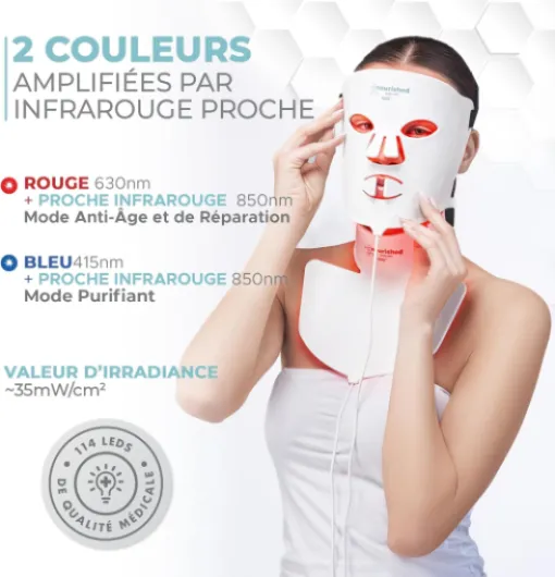 Masque LED visage et cou avec infrarouge proche - Luminothérapie bleue, rouge pour le visage - 228 LED - Outil de soin pour les rides, anti-âge