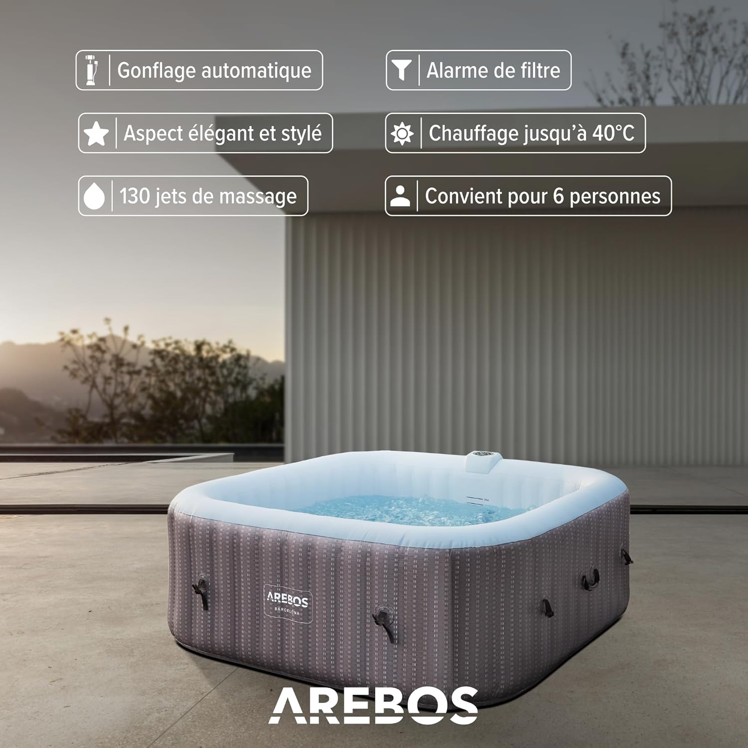 Arebos Spa Gonflable 2400W - Piscine d'extérieur - pour 6 Personnes 185x185cm - 130 Buses de Massage - 910 L avec Chauffage - Gonflage par Bouton-Poussoir - Couverture Incluse