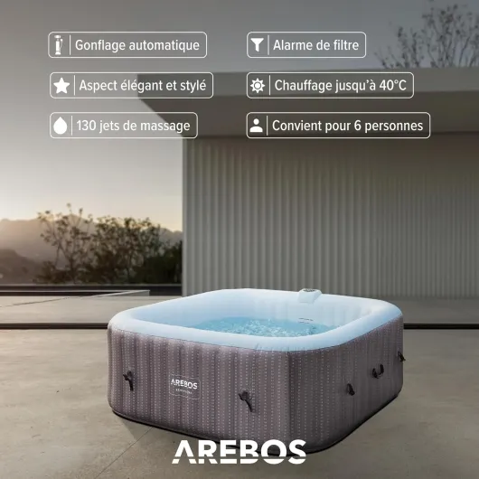 Arebos Spa Gonflable 2400W - Piscine d'extérieur - pour 6 Personnes 185x185cm - 130 Buses de Massage - 910 L avec Chauffage - Gonflage par Bouton-Poussoir - Couverture Incluse