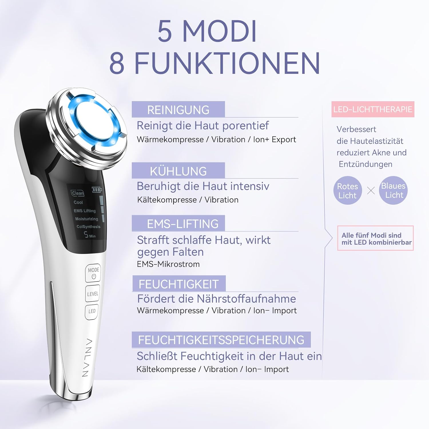 Dispositif de Beauté, ANLAN Appareil Anti Rides Visage, 5 en 1 Dispositif Multifonctionnel de Soin Visage Anti-âge avec EMS et Chaud, Froid