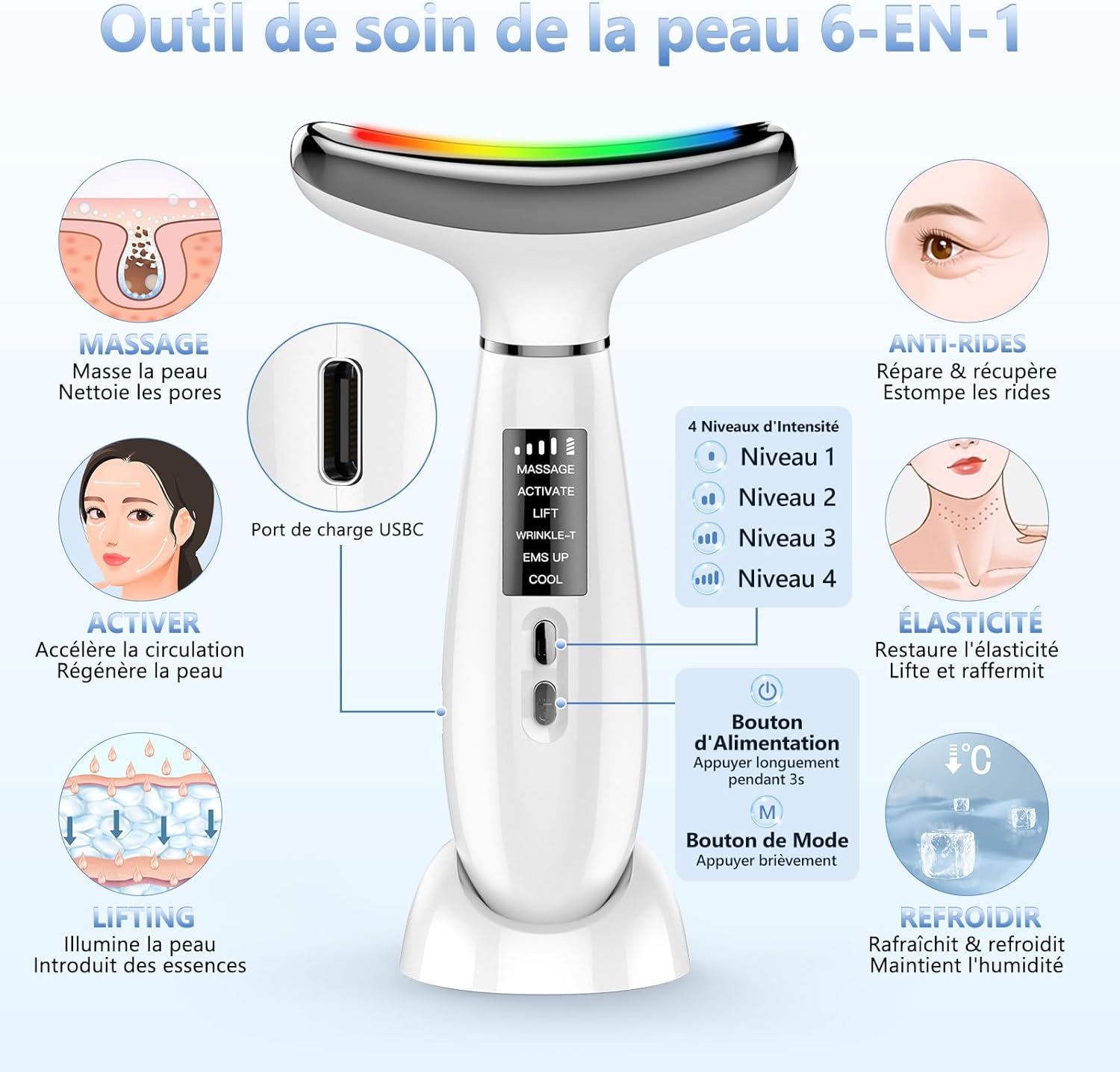 Appareil Anti Rides Visage, Appareil de Beauté à 6 Modes, Température 45 °C pour Les Massage Visage, pour l'anti-âge, Le Lifting et le Raffermissement de la Peau Relâchée (Mode LED 4 couleurs)