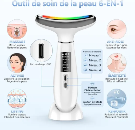 Appareil Anti Rides Visage, Appareil de Beauté à 6 Modes, Température 45 °C pour Les Massage Visage, pour l'anti-âge, Le Lifting et le Raffermissement de la Peau Relâchée (Mode LED 4 couleurs)