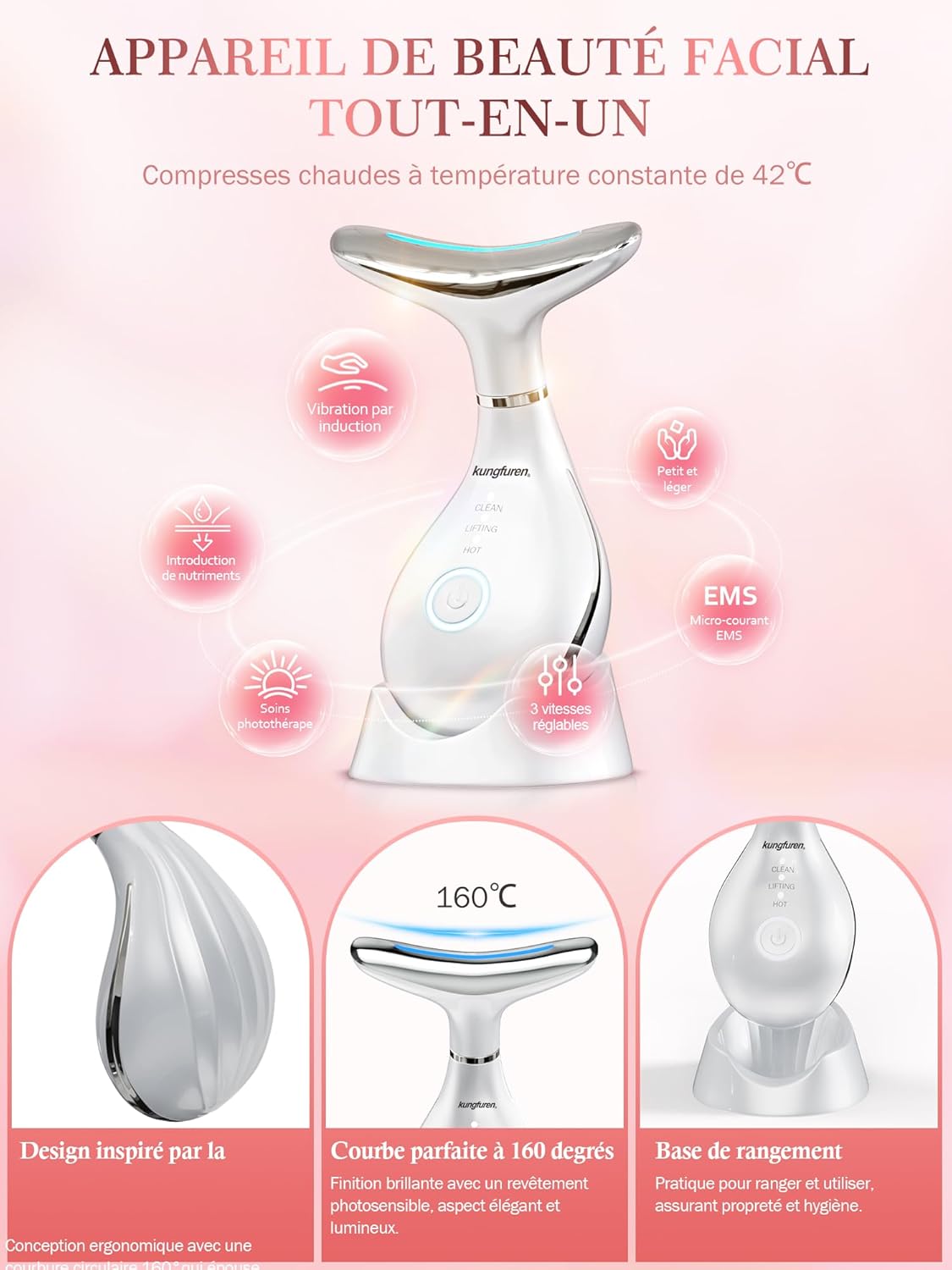 Appareil Anti Rides Massage Visage: Masseur Electrique Lifting Visage, 3 Modes Appareil LED pour Raffermir et Soulever le Visage Masseur Beauté avec 42 ° C Lifting EMS Massage avec base