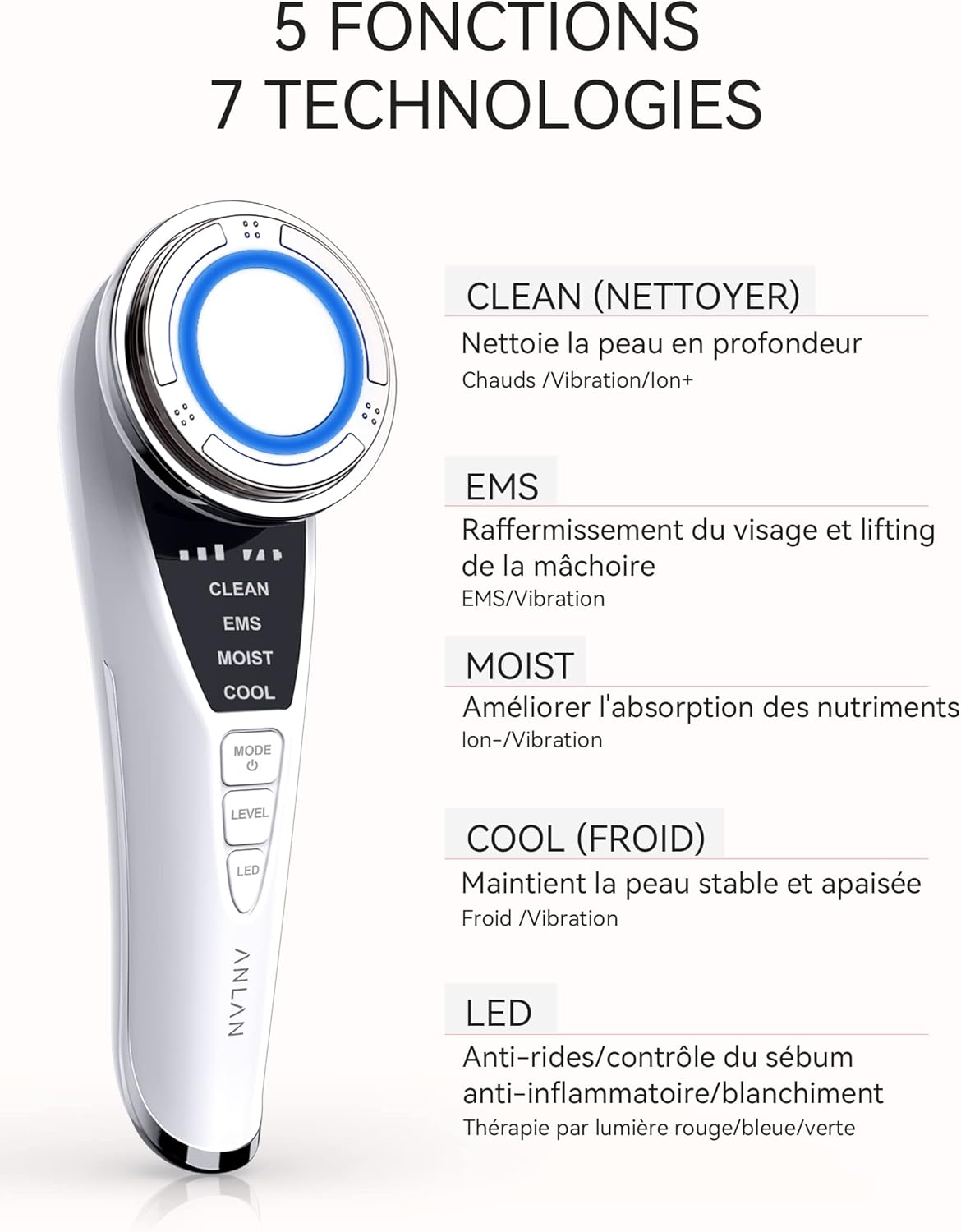 Appareil Anti Rides, 5 en 1 Dispositif de Beauté anti-âge, Appareil pour Soin Visage, Nettoyage en Profondeur, Lifting Visage, avec Tampons Démaquillants