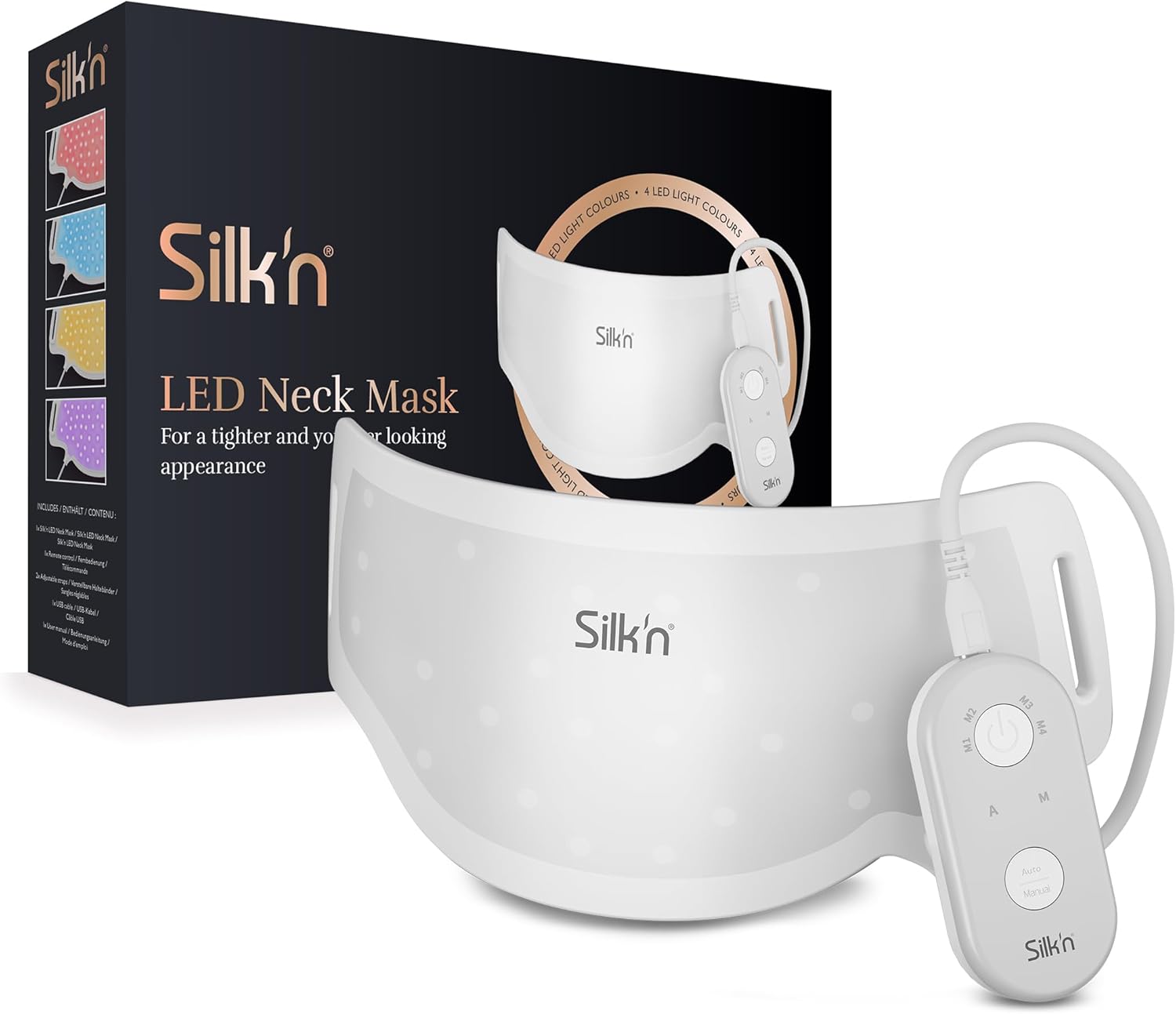 Silk'n Masque pour le cou LED - LED Neck Mask - Soins de peau avec 4 types de lumière - Masque lumineux avec lumière rouge pour le collagène et anti-âge - 24 × 11 × 1 cm - Sans fil - Blanc