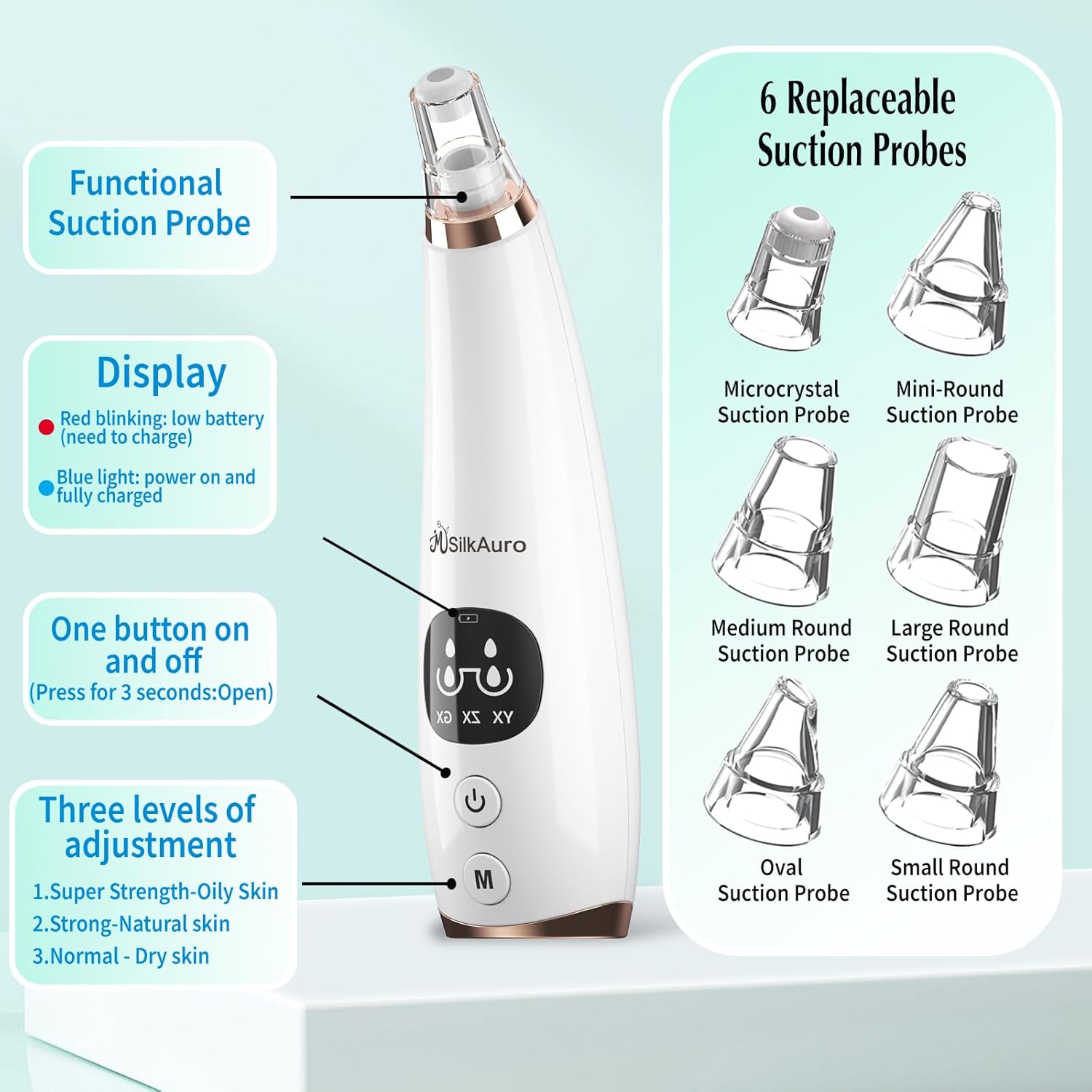 Aspirateur Point Noir Nettoyeur de Pores Électrique USB avec 6 Têtes et 3 Modes Élimine Points Noirs Boutons et Acné