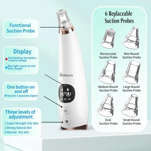 Aspirateur Point Noir Nettoyeur de Pores Électrique USB avec 6 Têtes et 3 Modes Élimine Points Noirs Boutons et Acné
