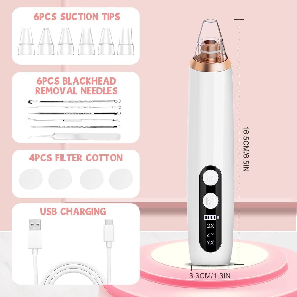 Aspirateur Point Noir, Épurateur de Peau, Extracteur Points Noirs Comedon avec 3 niveaux d'aspiration et 6 têtes, Rechargeable,pour le nettoyage du visage, pour tous les types de peau