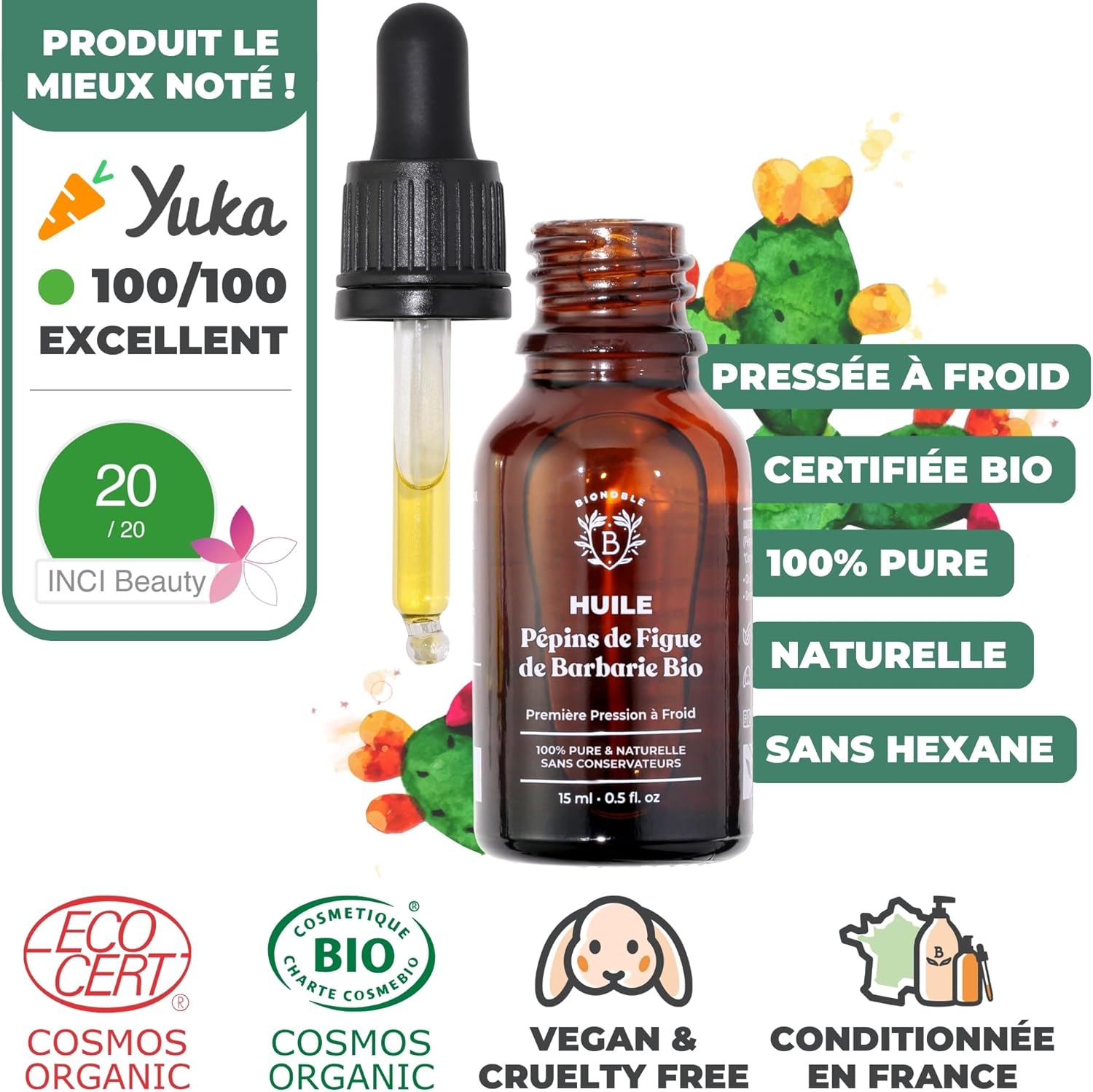 Huile de Pépin de Figue de Barbarie Bio, Pure, Pressée à Froid, Sans Hexane - Anti-Âge, Diminue Rides, Cernes et Poches - Huile de Figue de Barbarie Bio Visage - Flacon Verre, Pipette - 15ml 15 ml (Lot de 1) Figue de Barbarie