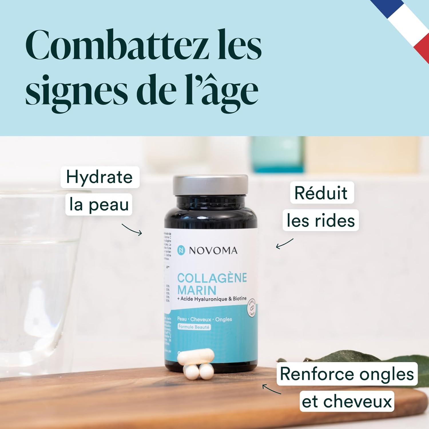 Collagène Marin + Acide Hyaluronique, 1000 mg de Collagene Pur Hydrolysé Type 1 & 3, Avec Vitamine C, Zinc et Biotine, Beauté de la Peau, Cheveux et Ongles, 90 gélules Blanc/Turquoise 90 unité (Lot de 1)