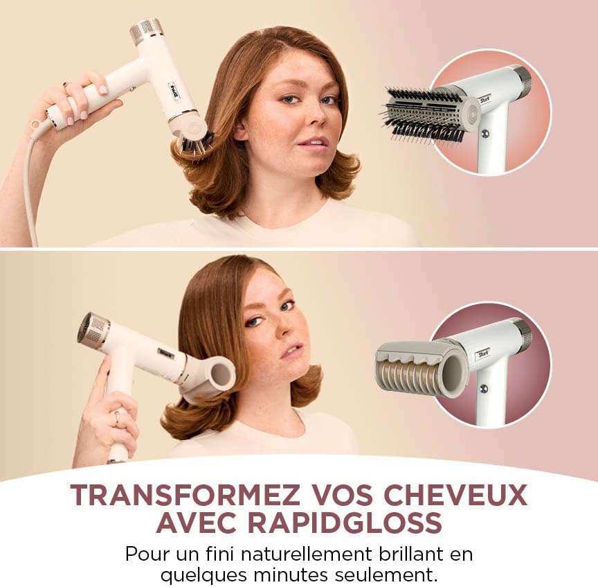 Shark SpeedStyle Sèche-cheveux et Finisseur RapidGloss, pour tous types de cheveux, séchage rapide, sans dommage thermique, ionique, sans dommage thermique Pour cheveux lisses et ondulés Blanc Soie - 3 stylers