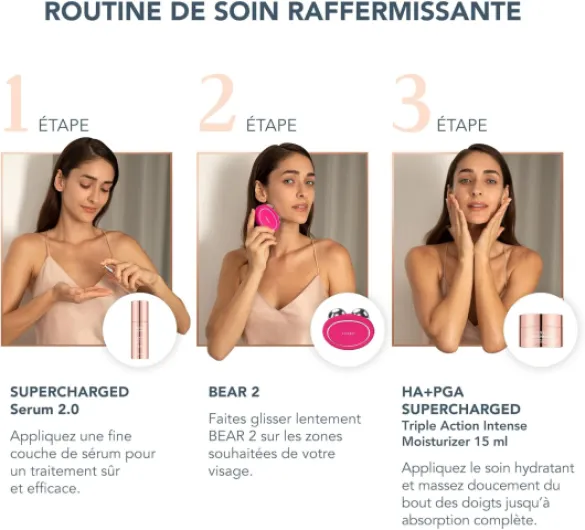 Set FOREO Total Facelift - Appareil micro courant visage avancé BEAR 2 + SUPERCHARGED SERUM 2.0 30ml + SUPERCHARGED Hydratant intense triple action HA+PGA 50 ml - Anti-âge - Soin visage Fuchsia