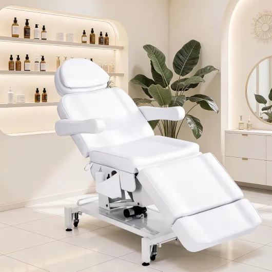 Barberpub Fauteuil de beauté électrique à 3 Moteurs, lit de Massage Pliable et réglable en Hauteur 18 cm, accoudoirs pivotants à 180°, pour Salon de Spa 0754 (Blanc/Cuir synthétique)
