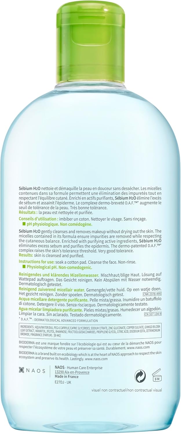 BIODERMA Sébium H2O – Eau micellaire dermatologique – Nettoie, démaquille et purifie – Limite la sécrétion de sébum – Peaux mixtes à grasses – Prescrite par des dermatologues – Flacon 500 ml