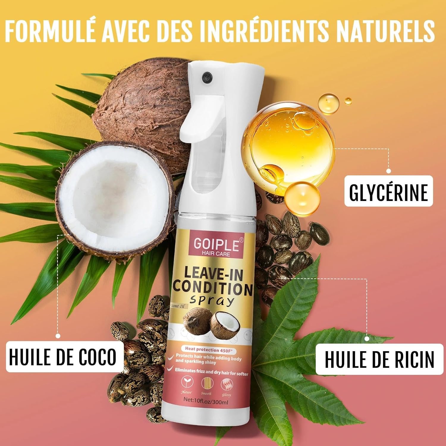 Protecteur de Chaleur pour Cheveux Intense 450°F & Soin Sans Rinçage - Spray Thermoprotecteur Cheveux Anti-Frisottis et Brillance Immédiate - Protecteur Chaleur pour Lissage, Brushings et Tous Types