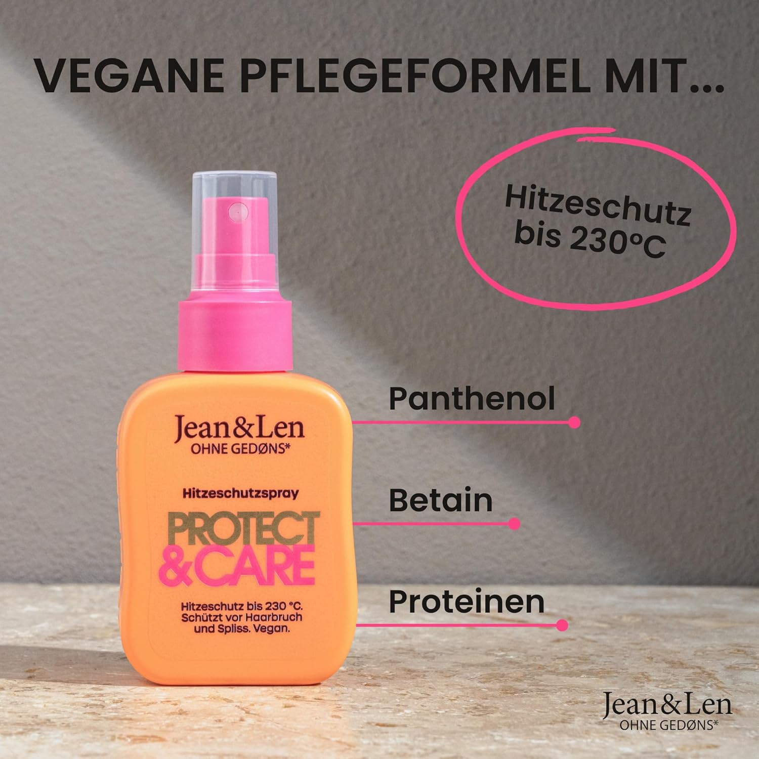 Jean & Len Spray Protect & Care, protège jusqu'à 230°C contre casse et fourches, rend les cheveux souples, sans silicone ni parabène, vegan, 100ml