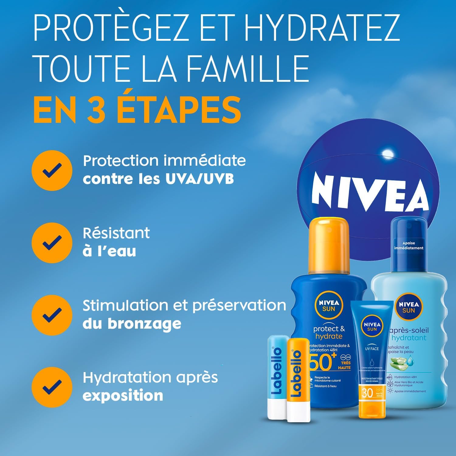SUN - Coffret Protection Solaire - Crème Solaire Visage FPS 30 (50 ml) + Spray Protect & Hydrate FPS 50+ (200 ml) + Spray Après Soleil (200 ml) + Duo Labello Sun & After Sun + Ballon De Plage 1 unité (Lot de 1)
