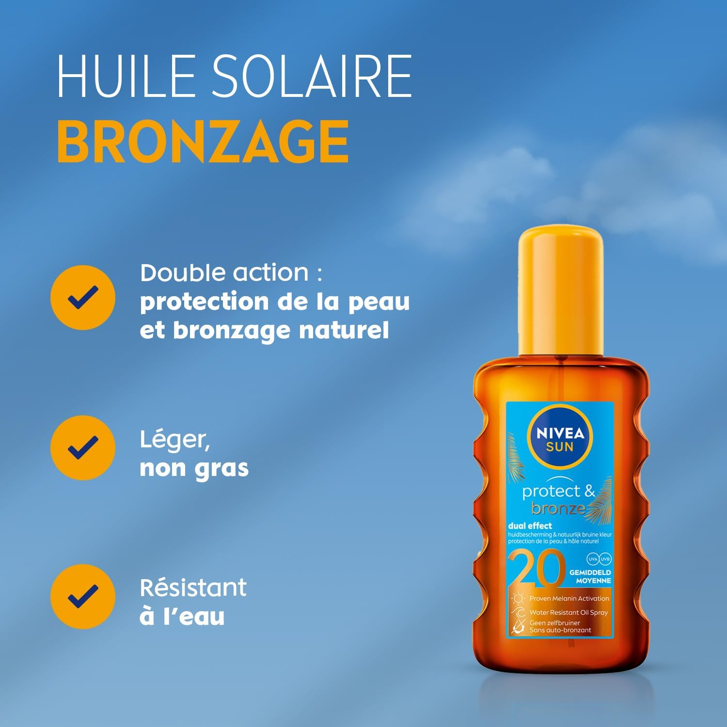 SUN - Spray Huile Sèche Activateur De Bronzage Protect & Bronze FPS 20 - Protection Solaire & Teint Hâlé - Extrait Naturel De Pro-Mélanine - Absorption Rapide - Peaux Normales - 200 ml