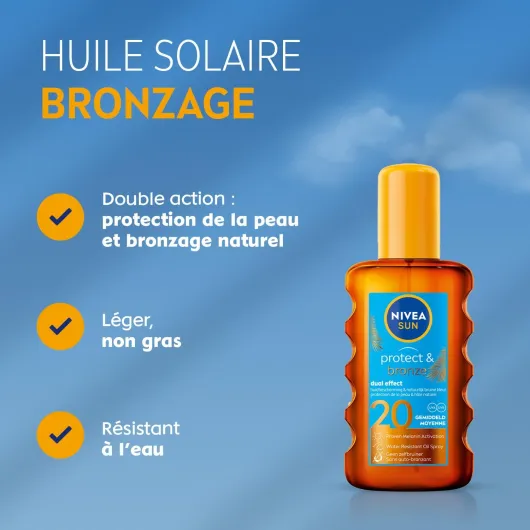 SUN - Spray Huile Sèche Activateur De Bronzage Protect & Bronze FPS 20 - Protection Solaire & Teint Hâlé - Extrait Naturel De Pro-Mélanine - Absorption Rapide - Peaux Normales - 200 ml