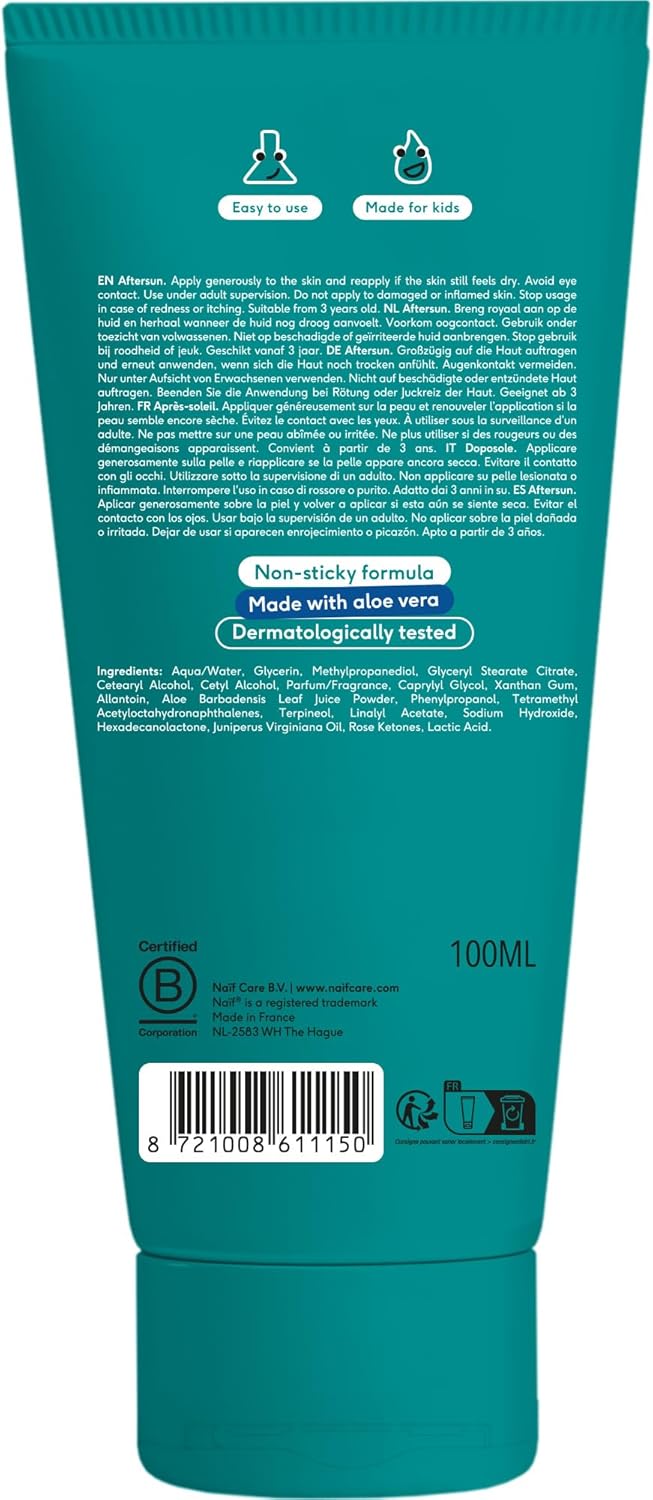 Gel Après-Soleil - pour enfants - Dès 3 ans - Testé dermatologiquement - Apaise et rafraîchit la peau - Sans microplastiques, huiles minérales ni silicones - Vegan - 100 ml 100 ml (Lot de 1)
