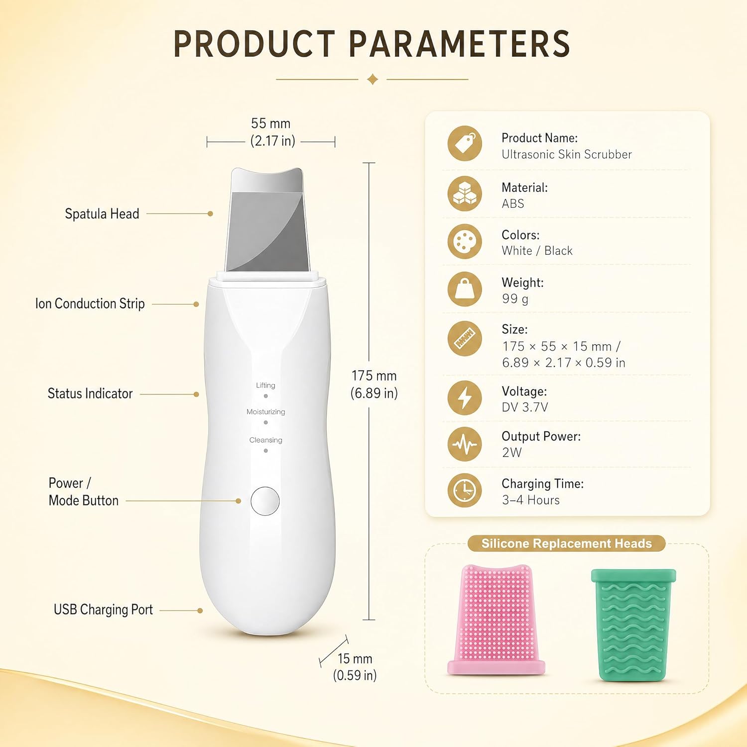 Peeling ultrasonique facial avec 2 têtes en silicone nettoyant visage et spatule pour éliminer les points noirs 3 modes de nettoyage en profondeur, lifting et gommage rechargeable USB
