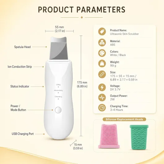 Peeling ultrasonique facial avec 2 têtes en silicone nettoyant visage et spatule pour éliminer les points noirs 3 modes de nettoyage en profondeur, lifting et gommage rechargeable USB