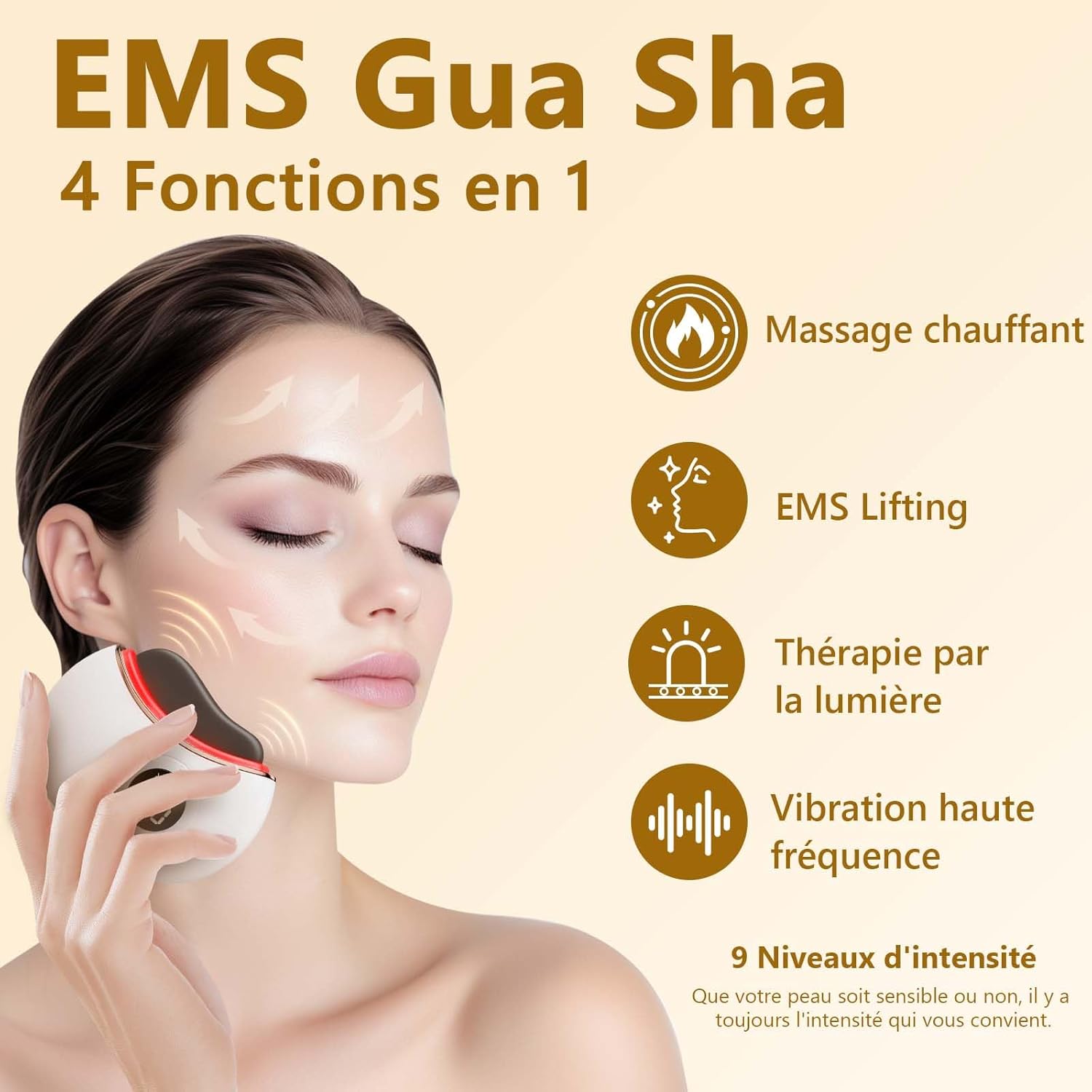 EMS Appareil Anti Rides Visage, 9 Modes de Lifting Visage, 40℃-55℃ Chaleur et Luminothérapie Massage Visage pour Anti-âge, Lifting et Raffermissement de la Peau Lâche